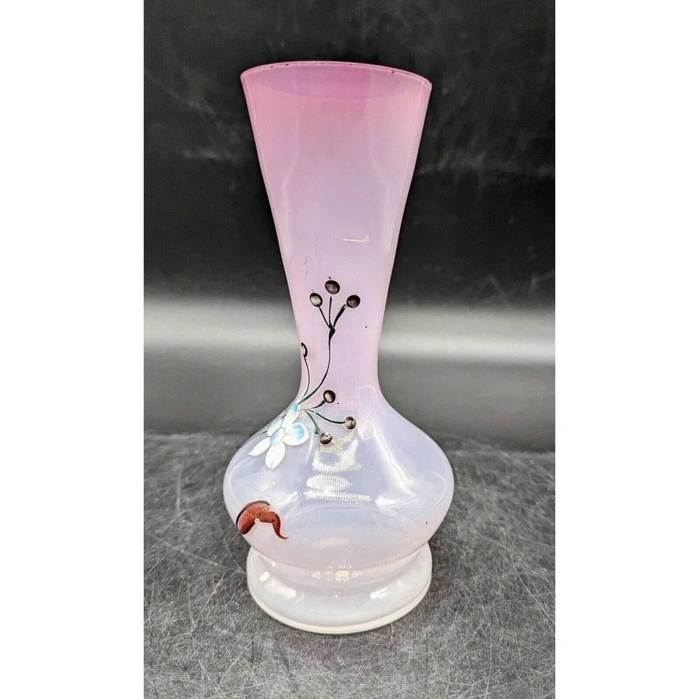 Antique Hand Painted Enameled Victorian Art Glass Pitcher Ewer Pink 6.75
